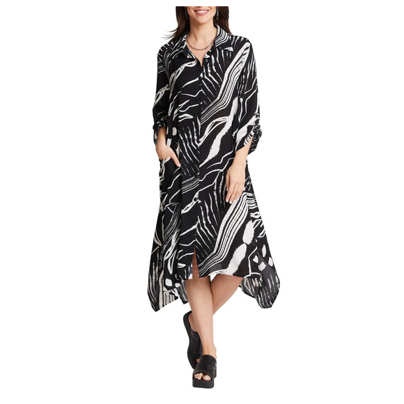 Women's Black and White Floral Duster Size M Button Up Dress Compli-K NWT - Picture 1 of 2